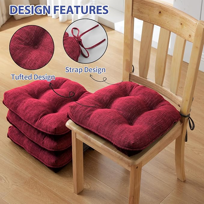 IPYNBAP Chair Cushions for Dining Chairs Set of 4, Red Kitchen Chair Cushions, Chair Pads with Ties and Non Slip Backing, Christmas Room Decor, Tufted Memory Foam Seat Cushion 4 Pack, 15.5"x15.5"x4" - Image 4