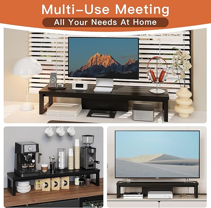 Dual Monitor Stand Riser, Wood and Steel Monitor Stand for Desk, Multi-Purpose Desk Shelf Organizer for Computer, Laptop, Printer, TV, Black - Image 4