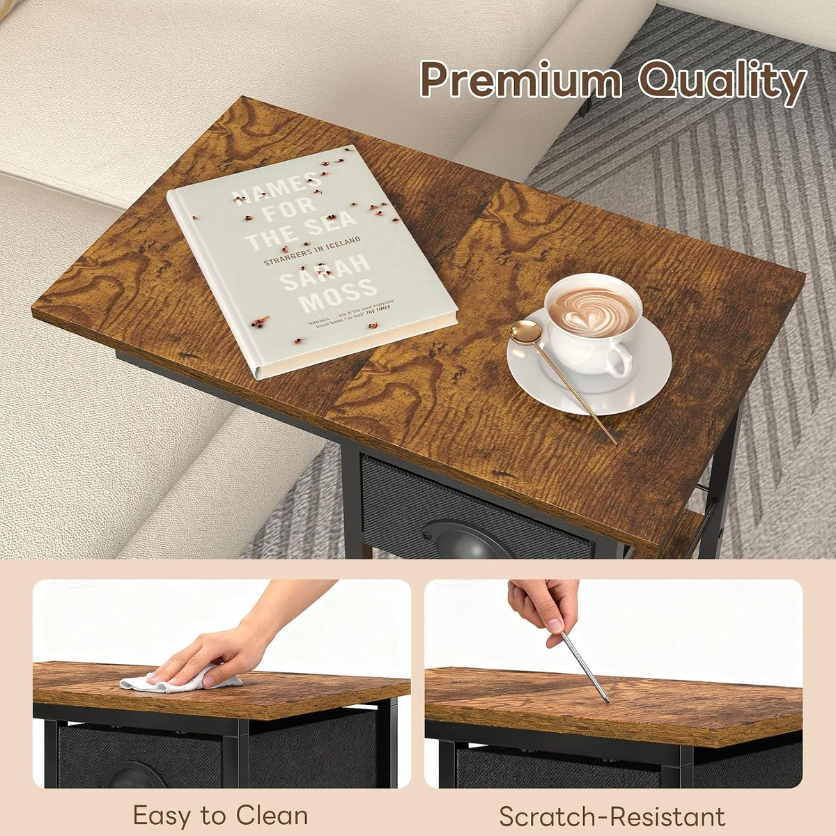3-Tier Side Table with Wheels and 360° Rotation, C Table with Drawer, End Table for Couch, Space Saving Small Desk for Narrow Space, TV Tray, Vintage Bedside Table for Living Room, Bedroom - Image 3