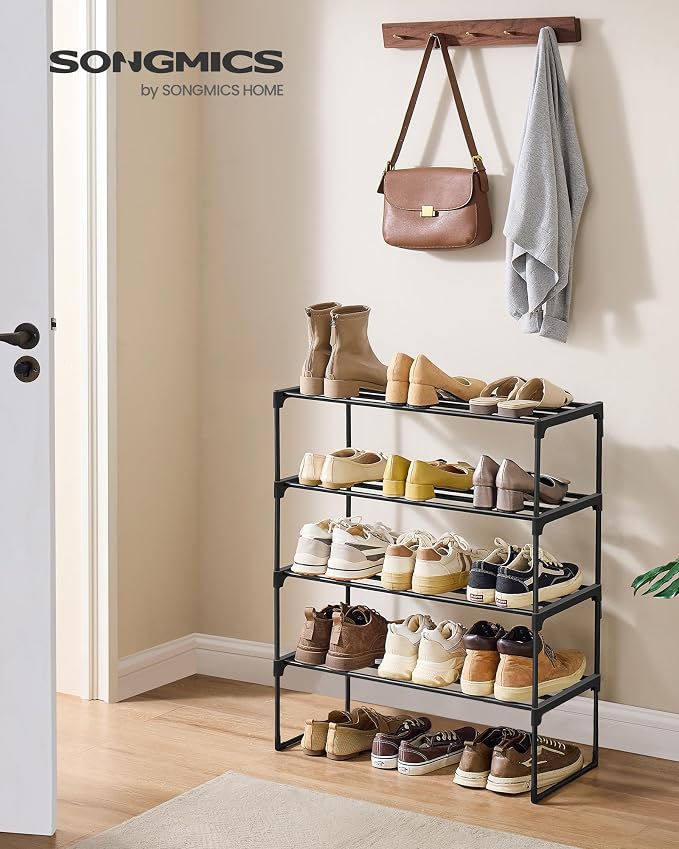 SONGMICS Shoe Rack, 4-Tier Shoe Organizer, Metal Storage Shelf | for Entryway, Upright or Upside Down, for 10-15 Pairs, Stackable, 11.8 x 26.8 x 28.9 Inches, Black ULSA204B01 - Image 3