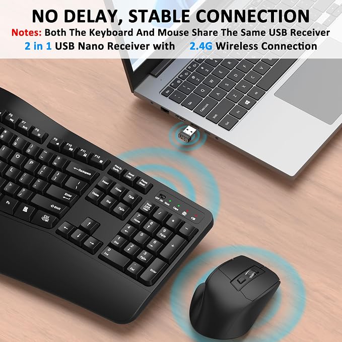 Wireless Keyboard and Mouse Combo, EDJO 2.4G Full-Sized Wave Keys Ergonomic Keyboard and Wireless Optical Mouse, Energy-Saving Wireless Mouse Keyboard for Computer, Mac, Laptop, PC, Windows(Black) - Image 4
