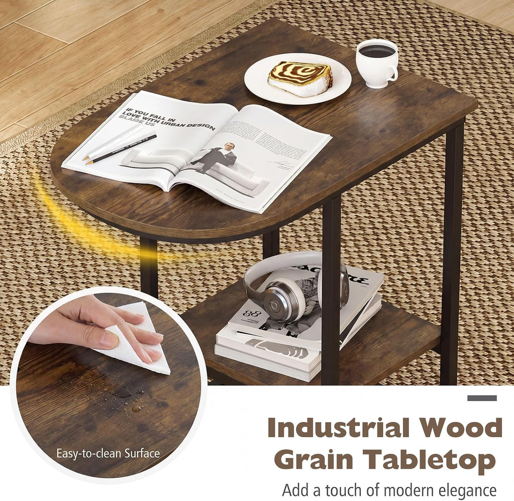 GIANTEX C Shaped End Table Set of 2, Modern Sofa Side Table with Industrial Wood Tabletop & Storage Shelf, Slide Under Sofa Bed, 2-Tier Couch Table for Small Spaces Living Room Bedroom, Rustic Brown - Image 4