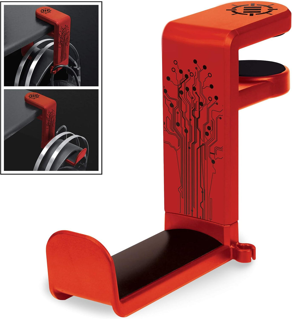 ENHANCE PC Gaming Headphone Holder - Desk Headphone Hanger Esports Headset Holder with Adjustable 360 Rotation, Under Desk Hook Clamp, Universal Fit - Built in Cable Clip Organizer - Red by ENHANCE