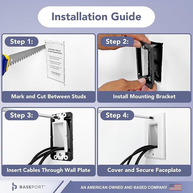 Recessed Cable Wall Plate for Behind Wall Cable Management - White Wall Plate Cable Pass Through with Low Voltage Mounting Bracket to Hide TV Cords for Wall Mount TV, Bottom Opening, 6 pack - Image 8
