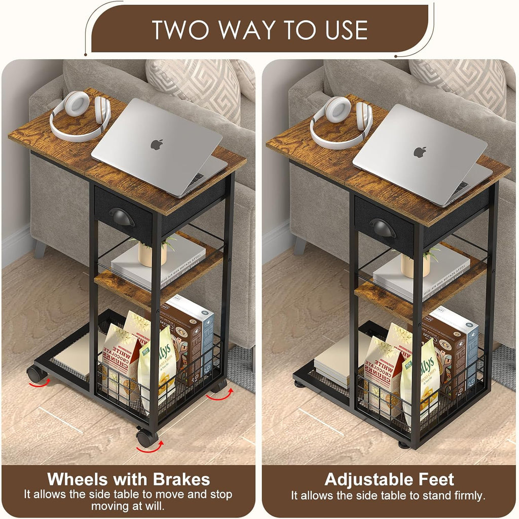 3-Tier Side Table with Wheels and 360° Rotation, C Table with Drawer, End Table for Couch, Space Saving Small Desk for Narrow Space, TV Tray, Vintage Bedside Table for Living Room, Bedroom - Image 4