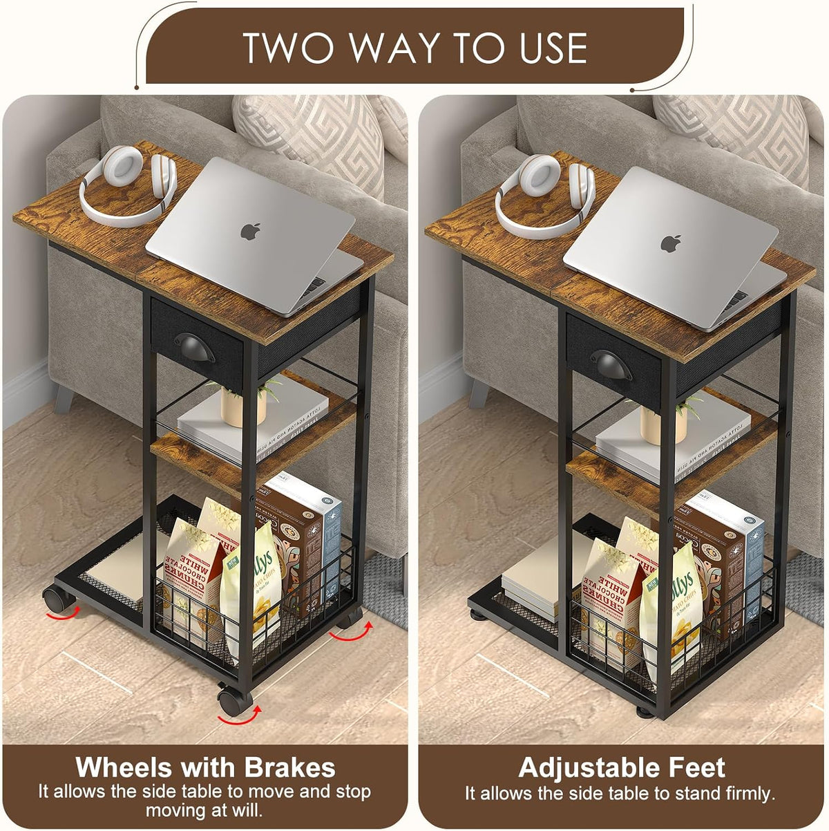 3-Tier Side Table with Wheels and 360° Rotation, C Table with Drawer, End Table for Couch, Space Saving Small Desk for Narrow Space, TV Tray, Vintage Bedside Table for Living Room, Bedroom - Image 4