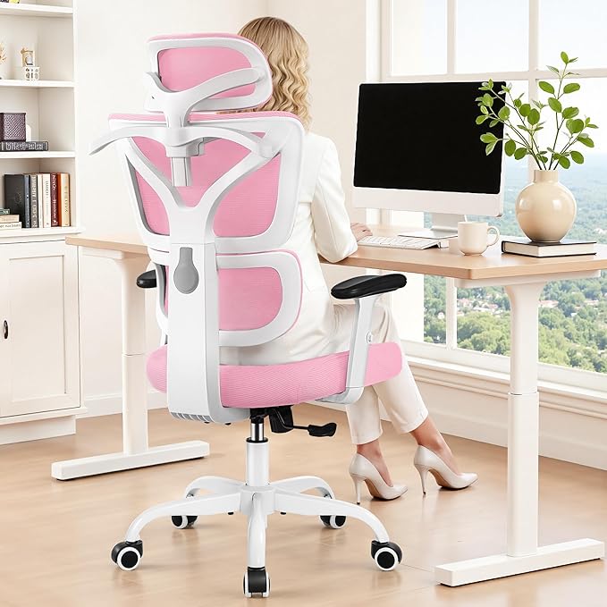 Ergonomic Office Chair High Back Desk Chair with Lumbar Support, Breathable Mesh Computer Chair with Adjustable Armrests Height, Reclining Swivel Big and Tall Gaming Chair for Home Office(Pink) by ALLGODOFFICECHAIR
