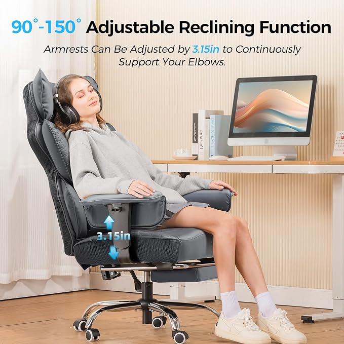 GTPLAYER Big and Tall Gaming Chair 400lbs Heavy Duty Office Chair with Foot Rest & Ergonomic Pocket Spring Lumbar Support, High Back 3D Saddle Shaped Cushion for Back Pain Relief, Grey - Image 6