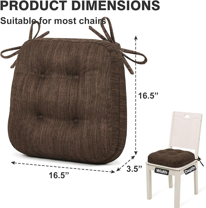 Shinnwa Dining Chair Cushions Set of 2, Dual-Layer Memory Foam Kitchen Chair Cushions, Patented Design Seat Pads with Ties, 16.5 x 16.5 x 3.5in, 2 Pack, Dark Brown - Image 6