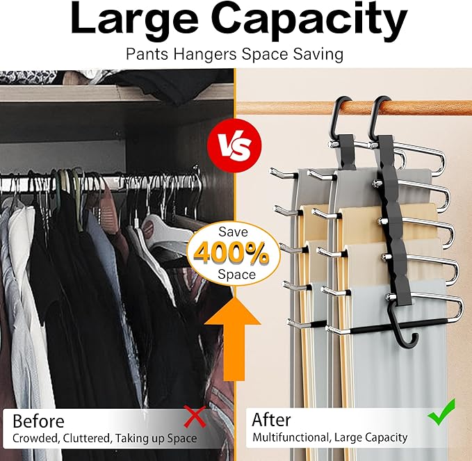 Pants Hangers Space Saving - 2 Pack Closet Organizer and Storage Jean Hangers, Stainless Steel Anti-Slip Clothes Hanger Scarf Holder for Pants Jeans Leggings Trousers Pant Rack, Black - Image 2