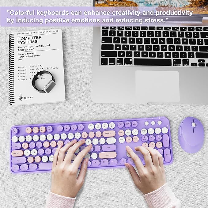 SkyGive Wireless Keyboard and Mouse Combo, Ergonomic Full Size Typewriter Retro Round Keycaps Keyboard, Compatible with Windows, PC, Perfer for Home and Office Keyboards (Lavender Purple - Image 7