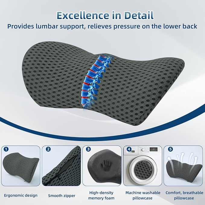 Lumbar Pillow, Memory Foam Lumbar Support Pillow for Office Chair and Car Seat, Ergonomic Streamline Back Pillow for Lower Back Pain Relief, Back Support Pillow for Sitting, Driving, Traveling - Image 2