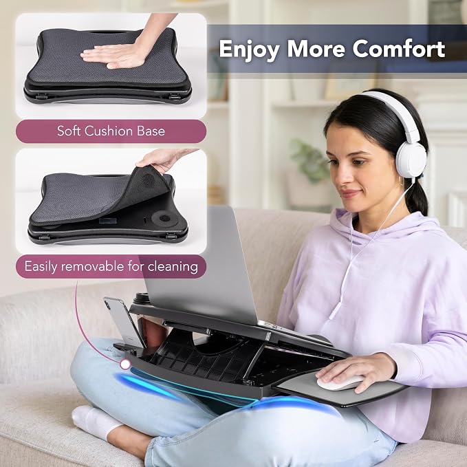 EHO Portable Lap Desk with Cushion, Detachable Mouse Pad Tray and Phone Holder, Adjustable Laptop Stand with 5 Angles, for Home, Office, Sofa, Bed - Image 3