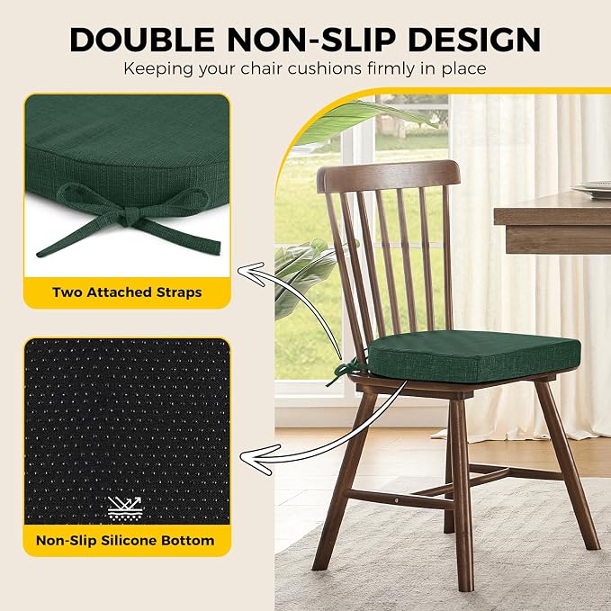 downluxe Indoor Chair Cushions for Dining Chairs, Soft and Comfortable Textured Memory Foam Kitchen Chair Pads with Ties and Non-Slip Backing, 16" x 16" x 2", Dark Green, 4 Pack - Image 4