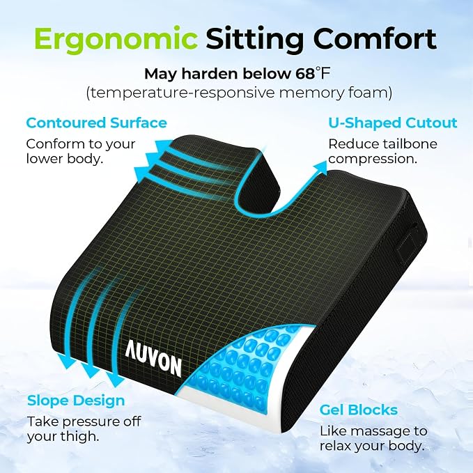 AUVON Gel Wheelchair Seat Cushion with Waterproof Cover for Pressure Sore & Ulcer, Ergonomic Chair Cushion with U-Cutout for Tailbone Pain, Back Pain Relief, Memory Foam Wheelchair Cushion, Anti-Slip | Ergonomic Chair Cushion with U-Cutout for Tailbone... - Image 3