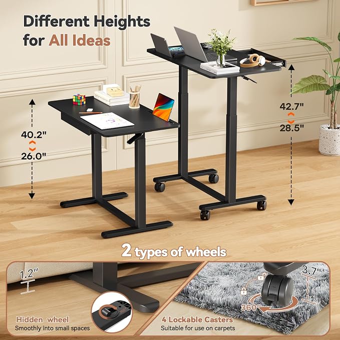 Mobile Standing Desk with Drawer, Height Adjustable, 35" Black | Small Rolling Desk & Table, Pneumatic Computer Sit Stand Workstation, Portable Laptop Cart w/ Hidden Wheels, Lockable Casters - Image 2