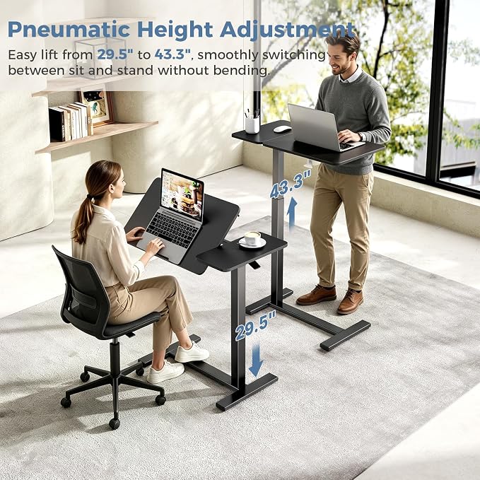 DUMOS Standing Desk with Wheels, Rolling Desk, Laptop Table | Adjustable Height, Portable Computer Workstation, Tilting Desktop, Home Office Classroom Bedside, Black - Image 4