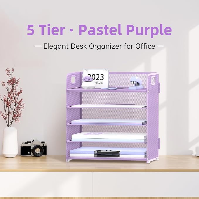 5 Trays Paper Organizer Letter Tray with Handle-Mesh Desk File Holders, Paper Sorter Desk Organizer for Office, Home, Classeoom or School, Purple - Image 2