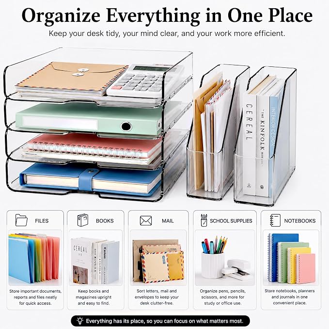 DCA 4 Tier Clear Desk Organizer, Letter Tray with 2 Magazine Holders | Stackable Desktop File Storage | Documents, Books & Supplies | Office & Home | Large Capacity - Image 6