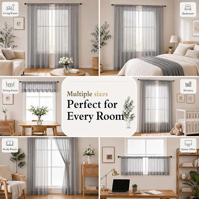 Charcoal Grey Sheer Curtains 96 Inches Long 2 Panels 52" Wide | Elegant Airy Sheer Curtain for Living Room Bedroom, Light Filtering Window Treatments, Rod Pocket, 2pcs Each 52" W x 96" L - Image 8
