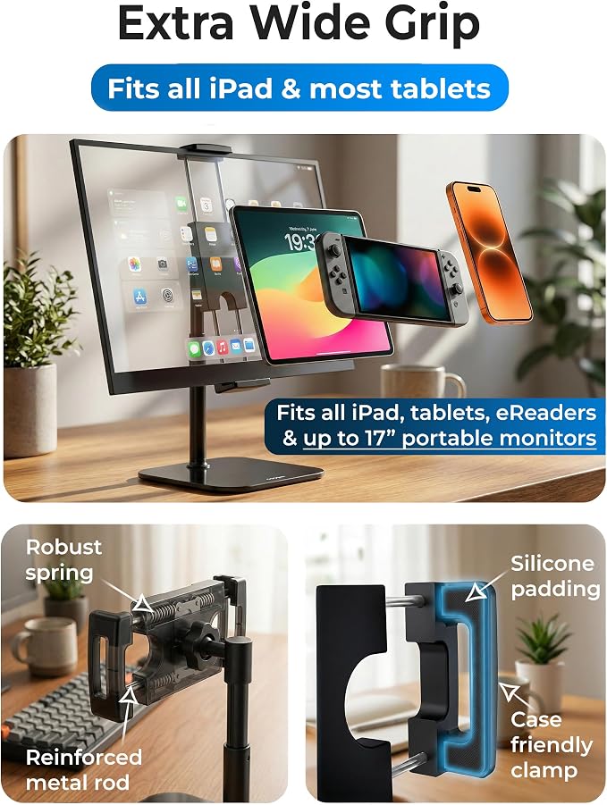 COOPER TabStand Mini 10" Tablet Stand, iPad Stand for Desk, Tablet Mount | 7.5-10" Adjustable, Weighted Base, Strong Grip, Portable Monitor Holder, Tripod iPad Holder; Fits Samsung, Kindle, iPad Pro - Image 7