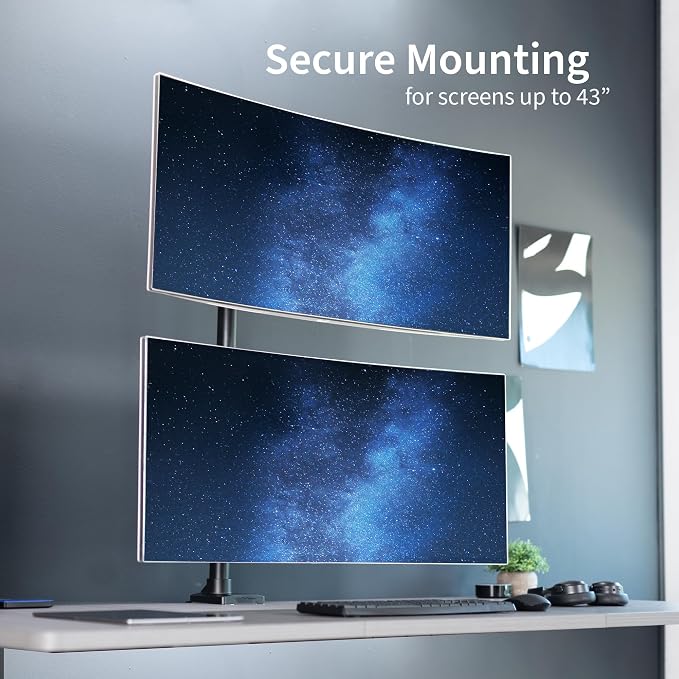 VIVO Dual Vertically Stacked Ultra-Wide Monitor Desk Mount with Extension Arms, Extra Tall Heavy Duty Adjustable Stand for 2 Ultrawide Screens up to 43 inches, 50 lbs Capacity, Black, STAND-V202T - Image 2