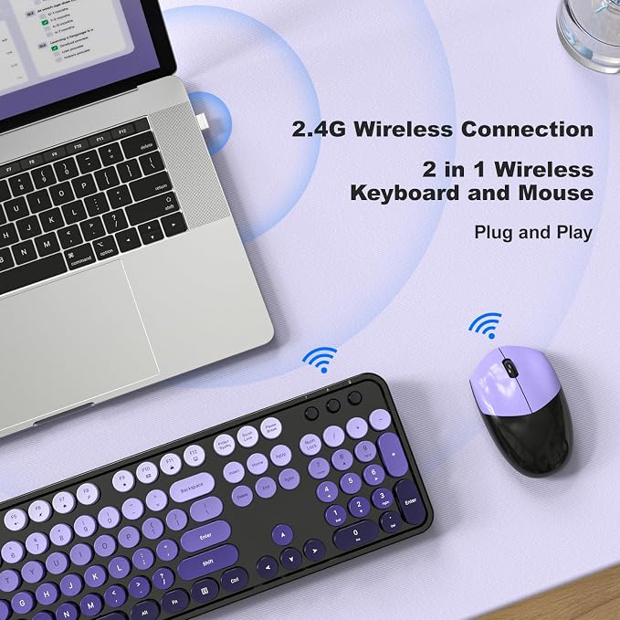Wireless Keyboard and Mouse Combo, 2.4GHz Retro Full-Size Typewriter Keyboard with Number Pad and Wireless Mouse for PC/Laptop/Desktop/Windows (Black Purple Colorful) - Image 2