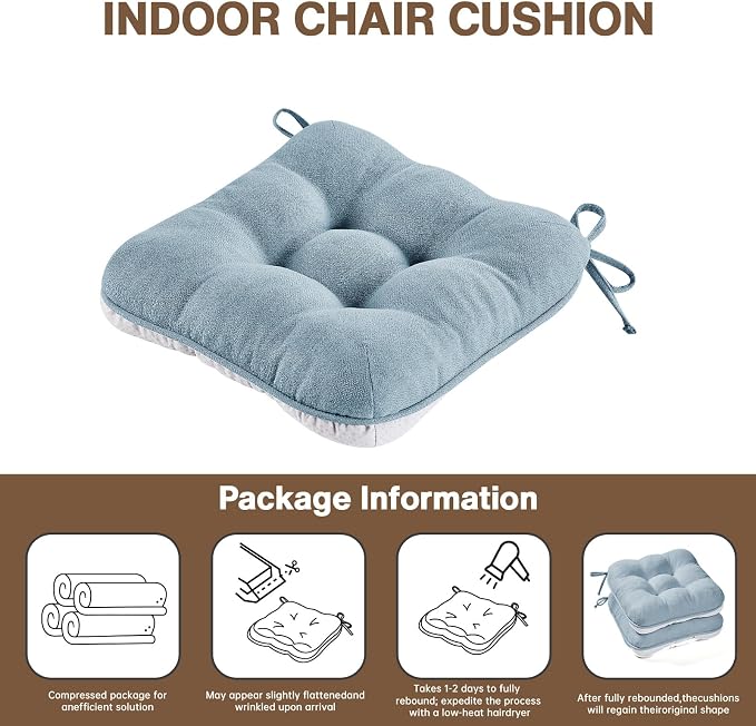 BETU Chair Cushions for Dining Chairs Set of 2,3.5" Thick Kitchen Table Chair Pads with Ties,Non Slip Backing and Covers, Seat Cushion for Dining Room,Bar,Patio Chairs,15.5"X15.5"X3.5",Smoky Blue - Image 9