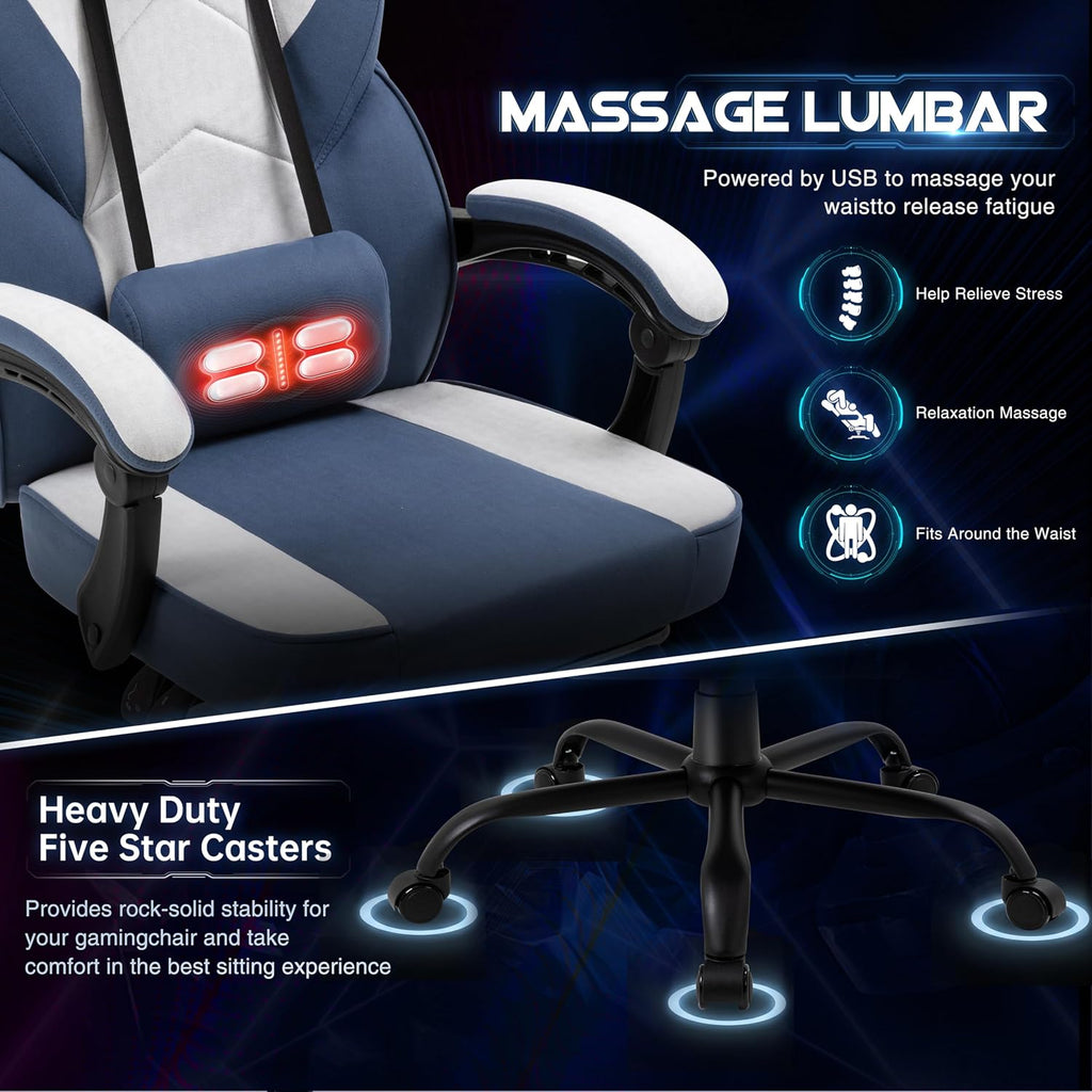 Video Gaming Chair for Adults, Computer Chair with Footrest and Ergonomic High Back, Big and Tall Gamer Chair with Massage Lumbar Support (Light Blue Fabric) - Image 6