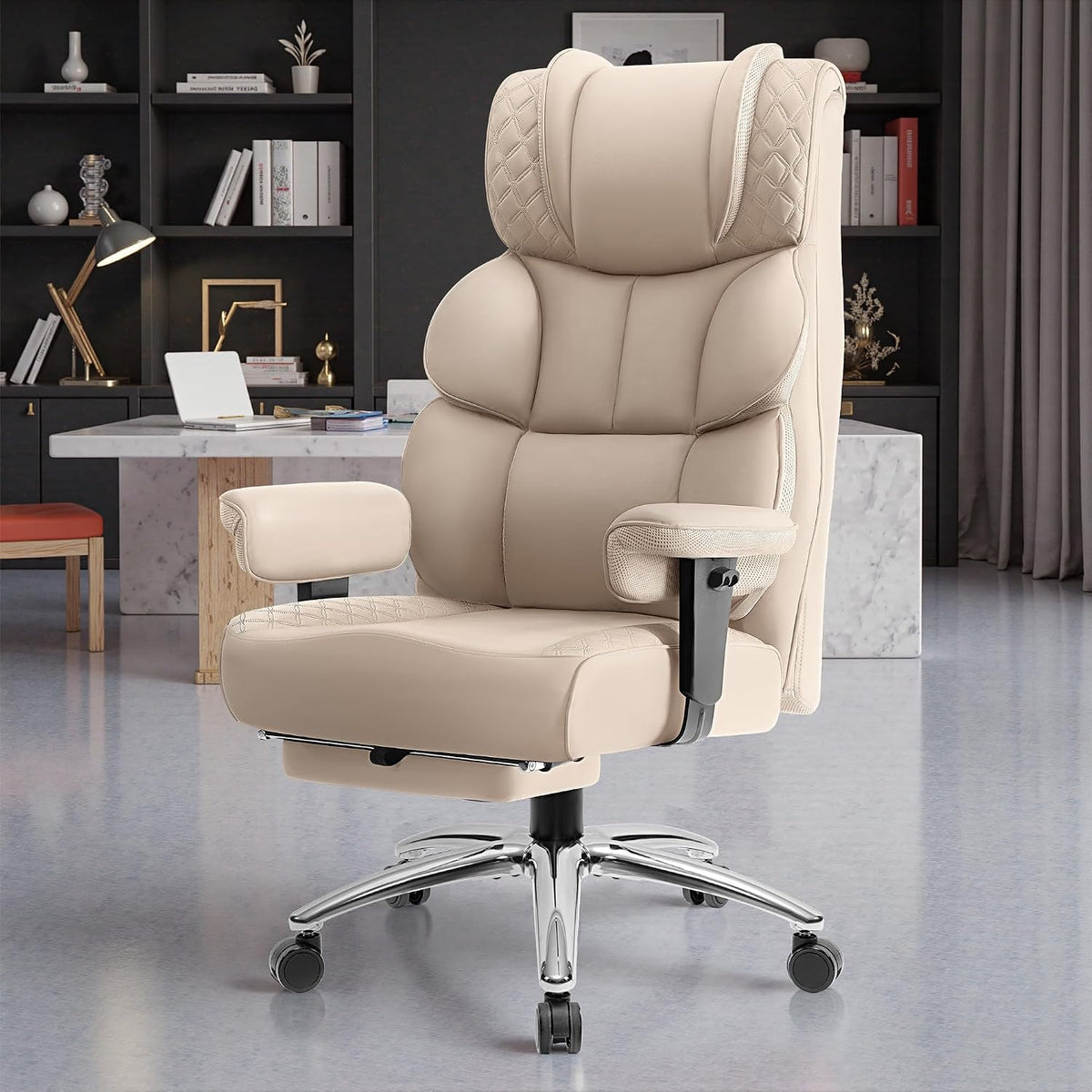 Office Desk Chair, Big and Tall Leather Gaming Chair with Footrest, Wide Ergonomic Comfy Executive High-Back Reclining Computer Chairs, Swivel Rolling Wheels and Padded Lumbar Support, Beige - Image 7