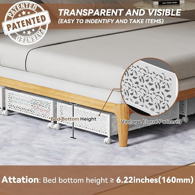 PHINOX Under Bed Storage with Wheels,Patterned,Sturdy Metal,4 Pack,White | Tool-free assembly, glide smoothly, easy reach, foldable, maxmazie low-profile beds, dorm, keep seasonal clothes, shoes fresh - Image 3