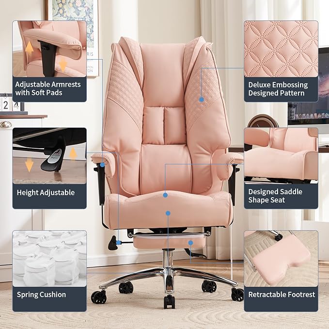 EXCEBET Big and Tall Office Chair 400lbs Wide Seat, Leather High Back Executive Office Chair with Foot Rest, Ergonomic Chairs Lumbar Support for Lower Back Pain Relief (Light Pink) - Image 3