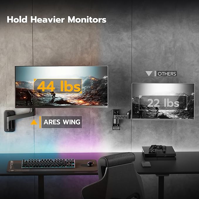 ARES WING Wall Mount Monitor Arm for 17-49 Inch Ultrawide Screens, Black | Heavy Duty Single Monitor Arm Holds 44 lbs, Fully Adjustable Gas Spring Monitor Wall Mount, 75x75/100x100 VESA Mount - Image 2