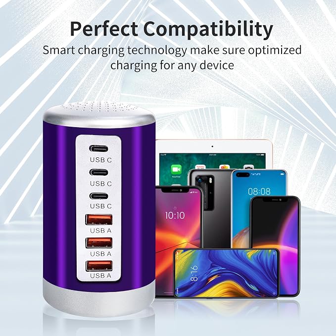 60W USB Charging Station with 6-Port (3 USB-A & 3 USB-C) for iPhone 12/13/14, Tablets & Smartphones - Purple - Image 3