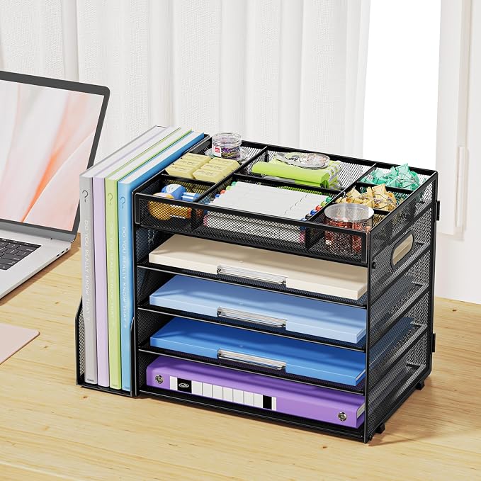 Marbrasse 5-Tier Desk Organizer with File Holder,Paper Letter Tray, Black | Desktop File Organizer with Adjustable Compartments,Mesh Desk Organizers and Accessories for Office Supplies - Image 6