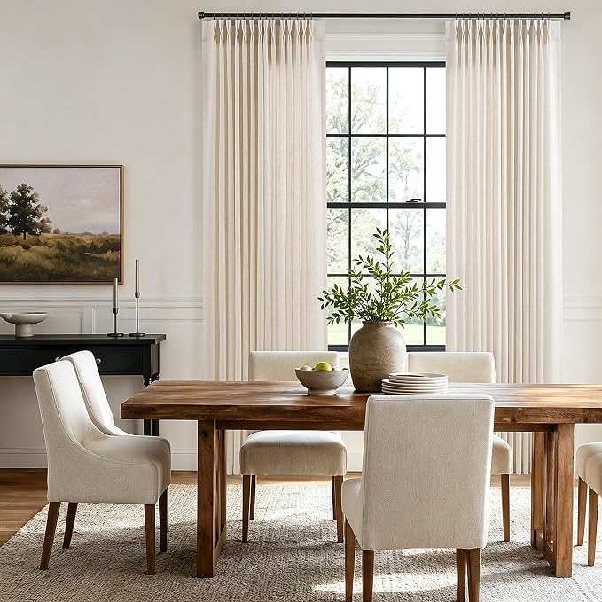 Hokibero Cream Pinch Pleated Linen Curtains 92 Inch Long for Living Room | Beige Light Filtering Semi Sheer Curtain,Back Tab Hooks Rings,Farmhouse Textured Privacy Drapes for Bedroom Window,2 Panels - Image 3