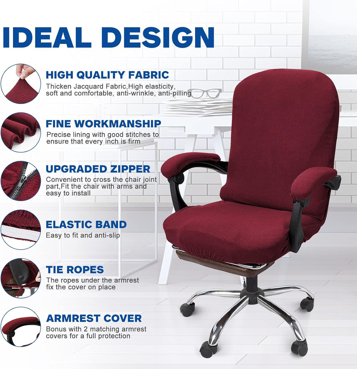 NeColorLife Office Chair Cover with Armrest Covers,Large,Wine Red - Image 3