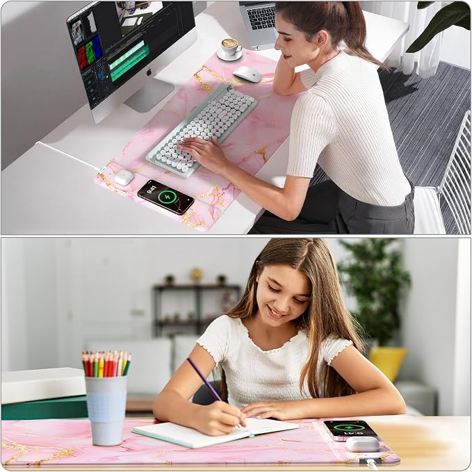 Pink Marble Mouse Pad with 15W Wireless Charging, 31.5"x15.8" in | Large Gaming Desk Pad/Mat for Women Girls, Waterproof Ultra-Smooth Surface, Non-Slip Base - Image 6