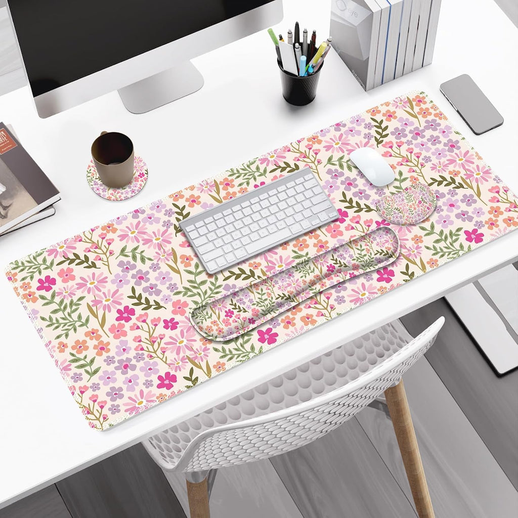 Large Gaming Mouse Pad Set, Ergonomics Keyboard Desk Mat with Memory Foam Wrist Rest, Computer PC Extended Game Mousepad, Non-Slip Desk Matt Easy Typing Pain Relief I Artistic Colroful Flowers - Image 2