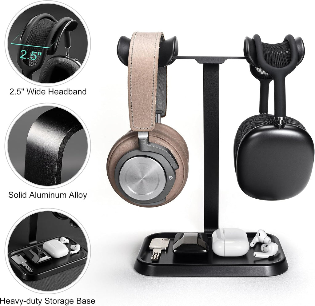 Dual Headphone Stand, Double Balanced Headset Stand with Storage Tray, Heavy Base Gaming Headset Holder for Desk (Black) - Image 4