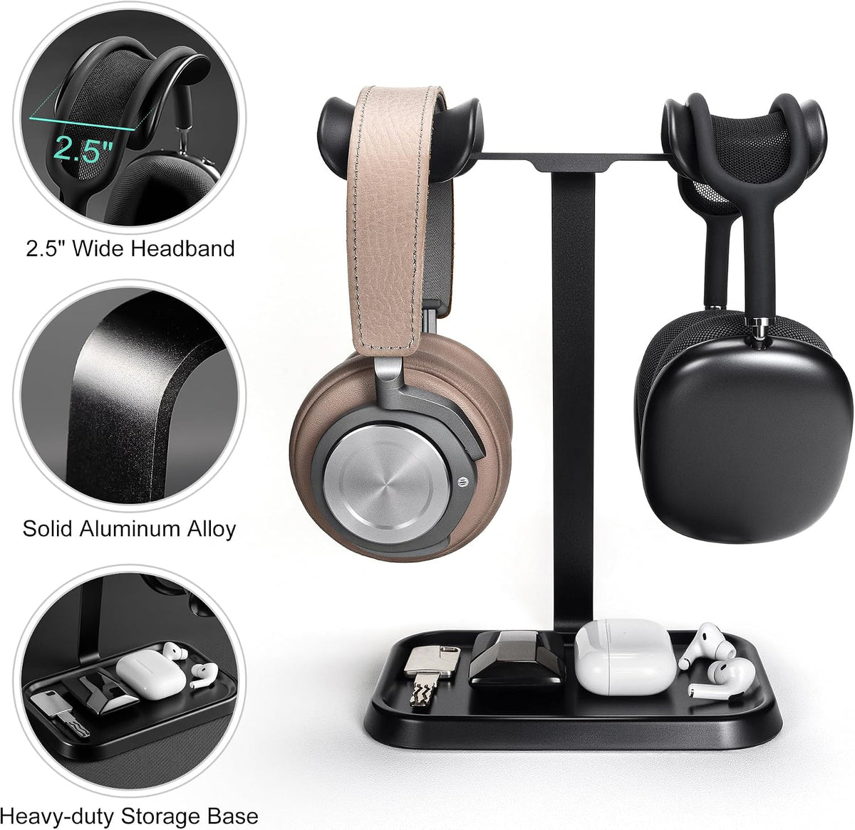 Dual Headphone Stand, Double Balanced Headset Stand with Storage Tray, Heavy Base Gaming Headset Holder for Desk (Black) - Image 4
