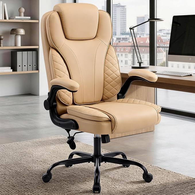 Ergonomic Office Chair, PU Leather High Back Executive Chair with Adjustable Inflatable Lumbar Support and Padded Flip-Up Arms, Recline Swivel Task Computer Chair for Home Office, Khaki - Image 2