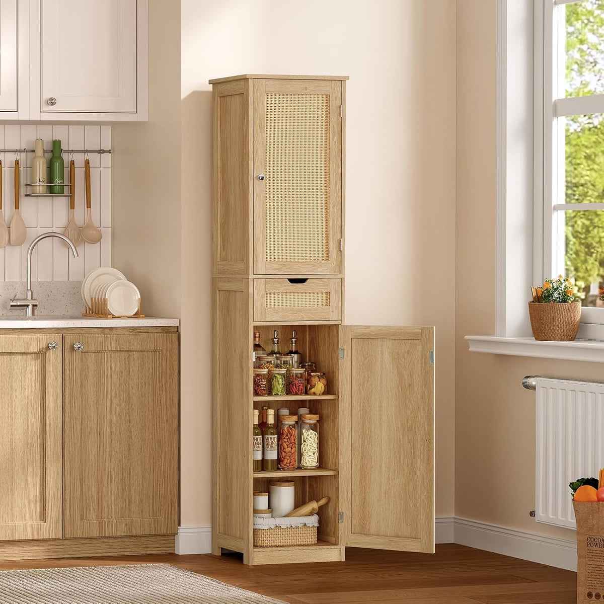 66.9" H Tall Storage Cabinet with 2 Rattan Doors and 1 Drawer, Narrow Rattan Cabinet with Adjustable Shelves, for Living Room, Entryway, Kitchen, Natural - Image 4
