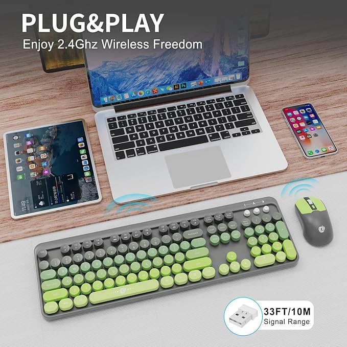 Wireless Keyboard and Mouse Combo, 104 Round Keys Cute Colorful Keyboard and Mouse with Retro Typewriter for PC/Mac/Laptop/Tablet/Computer/Windows Gray Green - Image 2