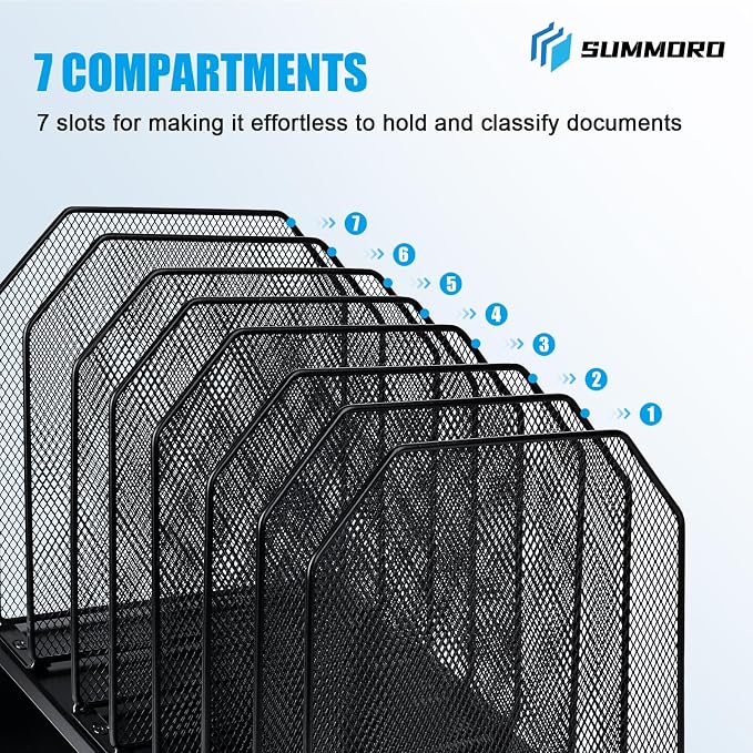 SUMMORO Inclined File Organizer for Desk, 7-Section Vertical File Holder | Office Desk Organizer Metal Rack File Folder, Wire Mesh Desktop Document Sorter, for Office School Classroom Home (Black) - Image 5