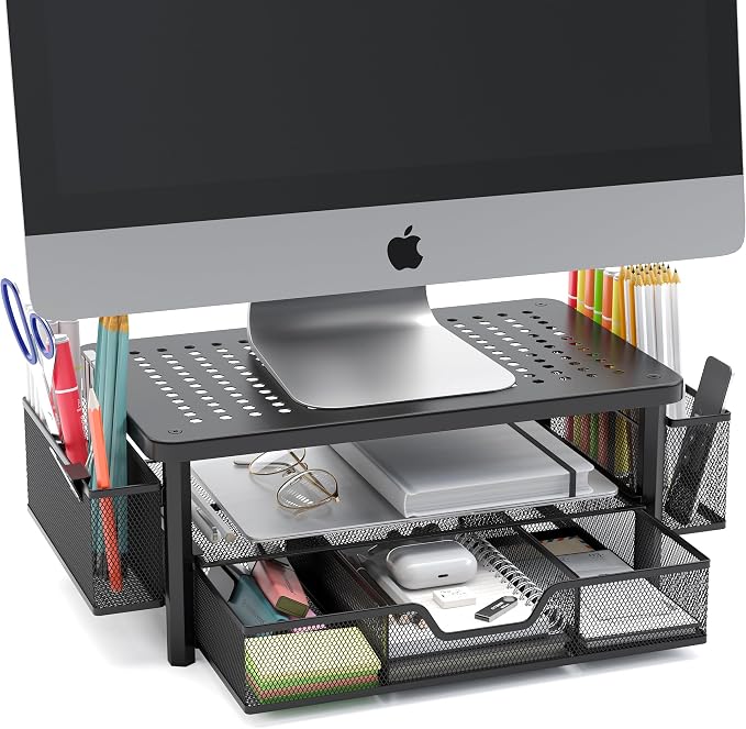 eVoomi FlowMax Ergonomic Desk organizer Computer Monitor Stand -Improved XL Desk Drawer, File Paper Pencil Holders - Pro Posture Eye-Level Tension Relief - Anti-Slip Home Office Supplies Storage Stand for Laptop Monitor or Printer by EVOOMI