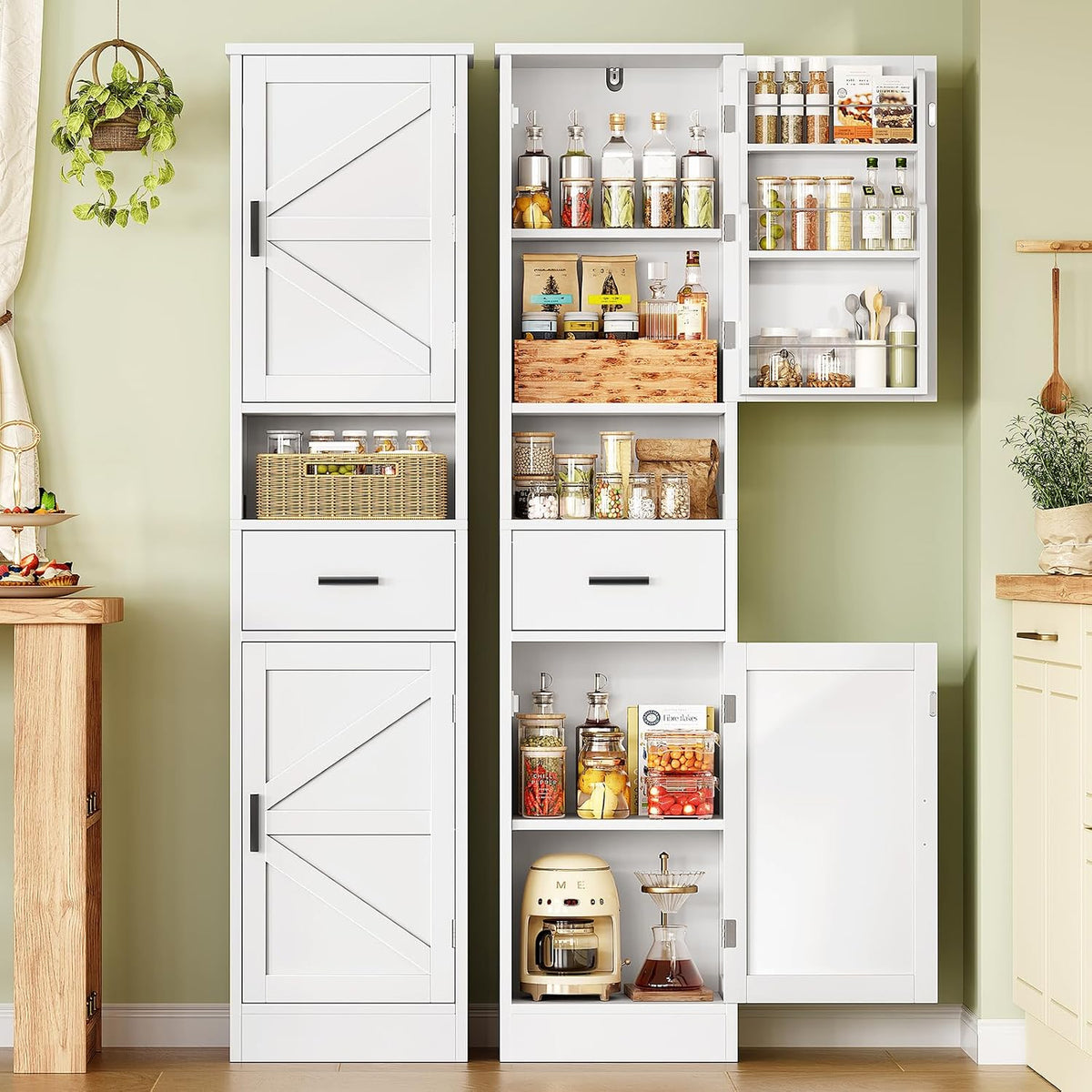 67" H Tall Pantry Cabinet with 2 Doors, Kitchen Cabinet with Door Shelves & Adjustable Shelves, Kitchen Pantry Cabinet, Narrow Bathroom Storage Cabinet for Living Room, Dining Room, Bathroom, White - Image 2