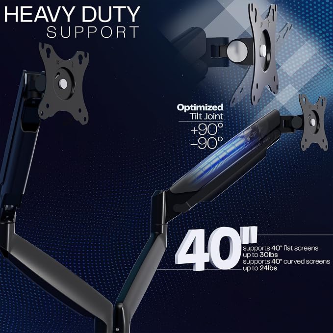VIVO Premium Aluminum Heavy Duty Dual Monitor Arm for Ultrawide Monitors up to 40 inches and 30 lbs Each, Desk Mount Stand, Pneumatic Height, Max VESA 100x100, Black, STAND-V220Q - Image 5