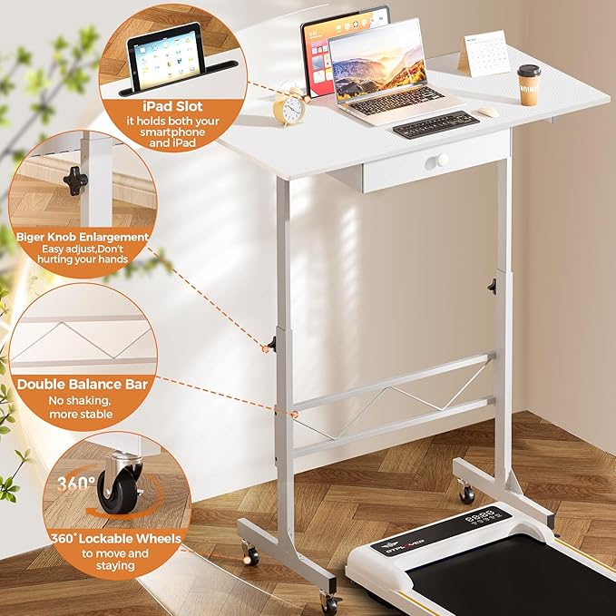 COMHOMA Small Standing Desk Adjustable Height Small Computer Desk Mobile Portable Rolling Laptop Table with Wheels 32" Computer Workstation Sit Stand Desks Portable Standing Table Treadmill desks - Image 5