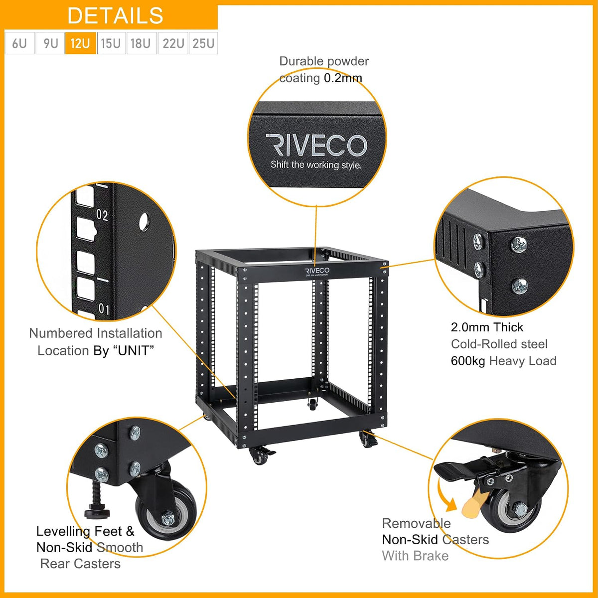 12U Server Rack Open Frame with Casters-RIVECO 4 Post Quick Assembly 19-inch, Data Rack Network Shelf Cabinet Heavy Duty Black - Image 4
